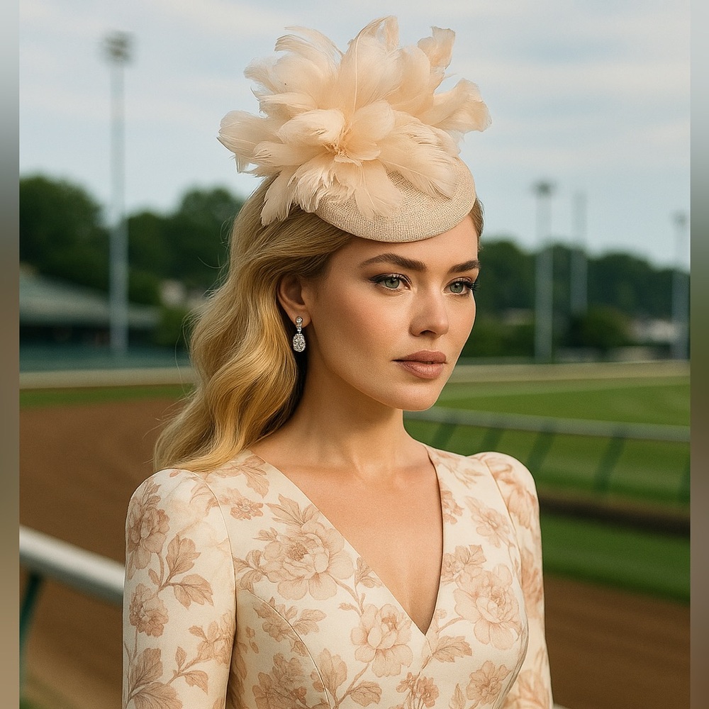 Elegant Kentucky Derby Hat Fascinator KY Oaks Champagne Cream Floral Tea Hat